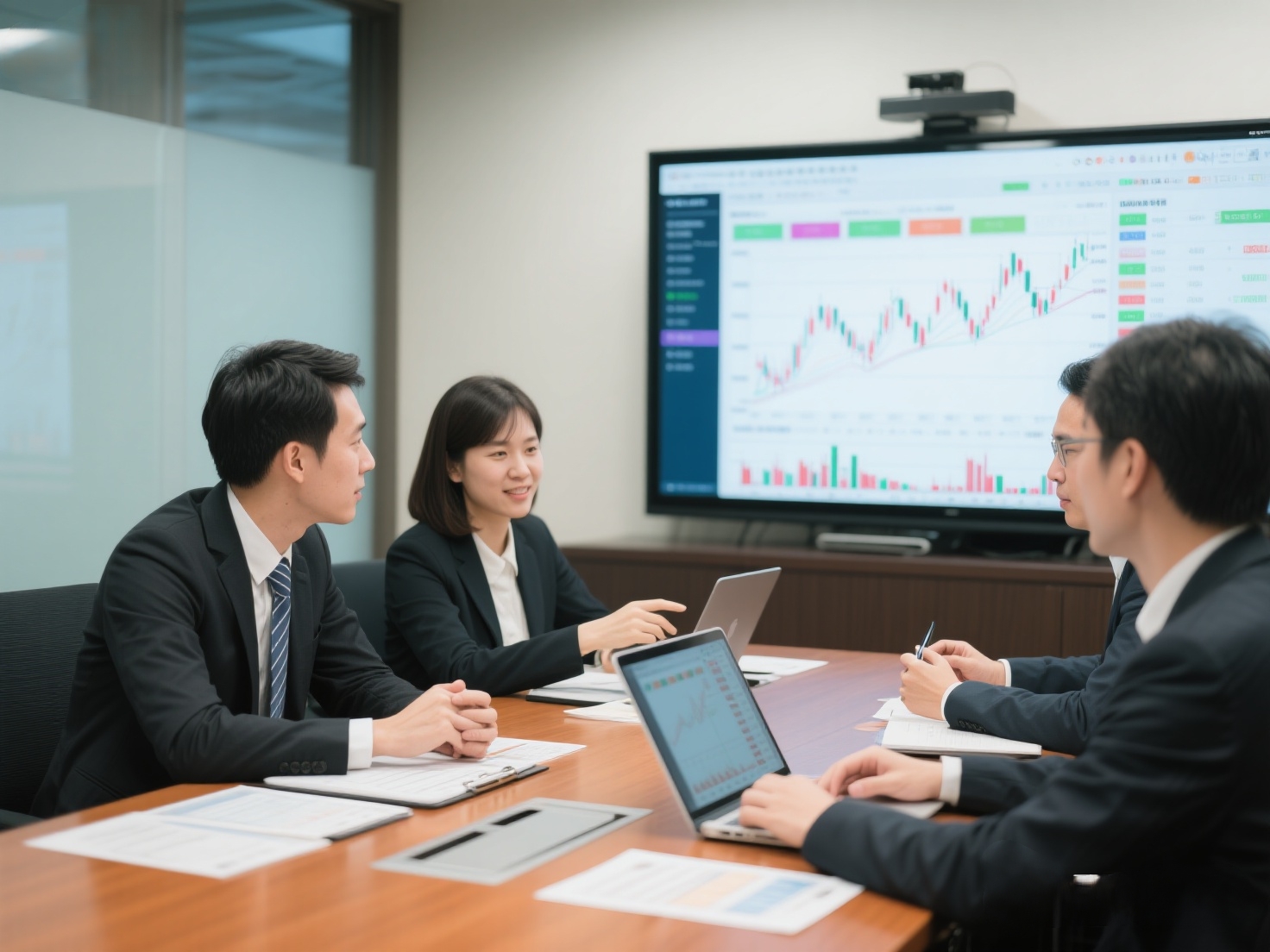 我們的專業金融顧問團隊正在台北的會議室中，為客戶分析股市數據並規劃股票代墊方案，展現出高度的專業與信賴感。