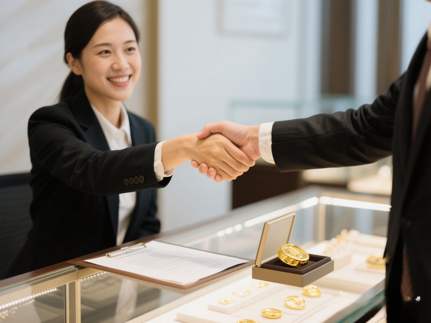 一位顧客與專業顧問在完成黃金質押的合約後，滿意地握手，象徵著我們提供誠信、透明且值得信賴的金融服務。