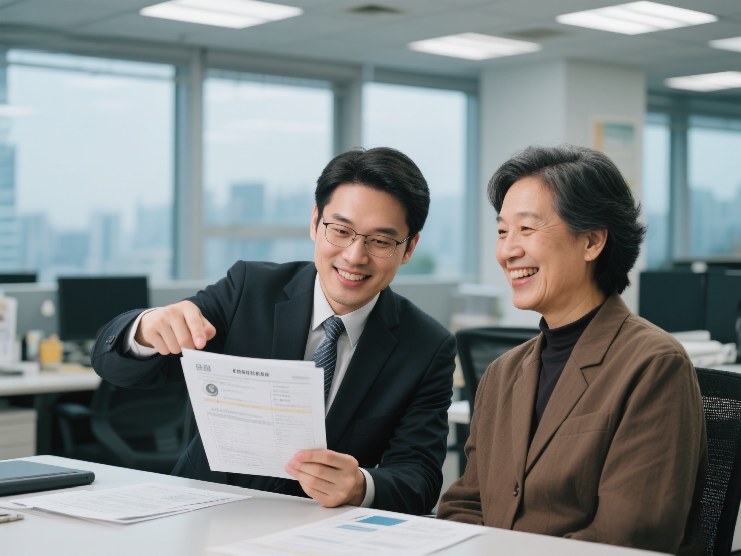 一位專業理財顧問在台北的辦公室內，指著一份保單文件向客戶解說其隱藏的資產價值，客戶表情顯得豁然開朗。