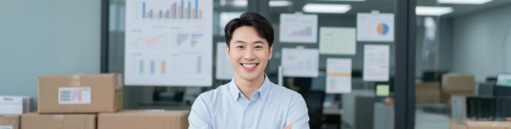 用戶在辦公室前微笑，背景有出貨或報表