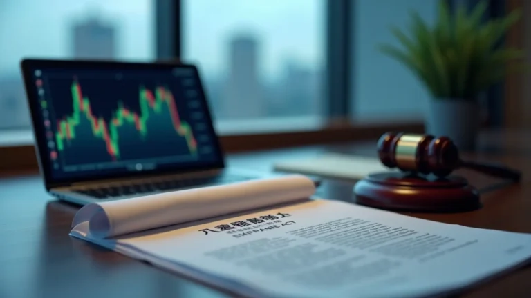 台灣律師桌上違約交割法律文件與下跌股市圖表