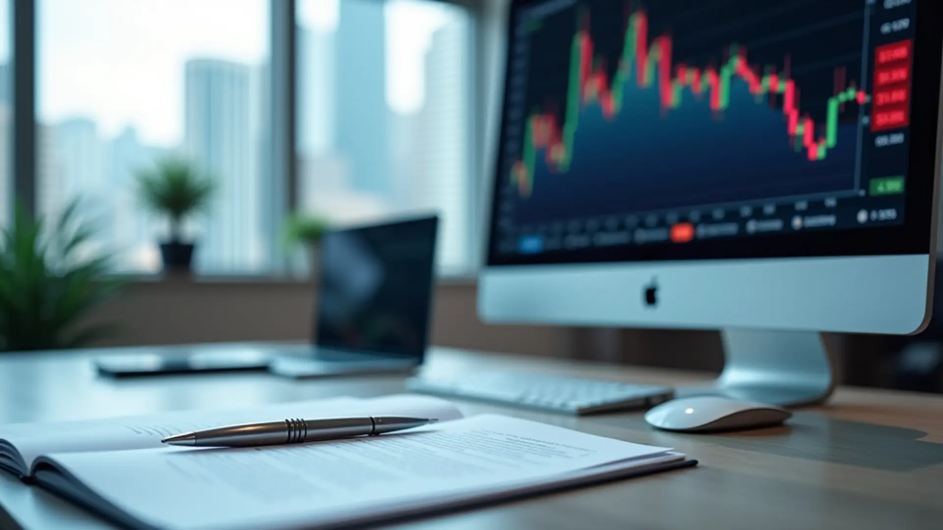 台灣金融辦公室桌上股票代墊文件與股市圖表