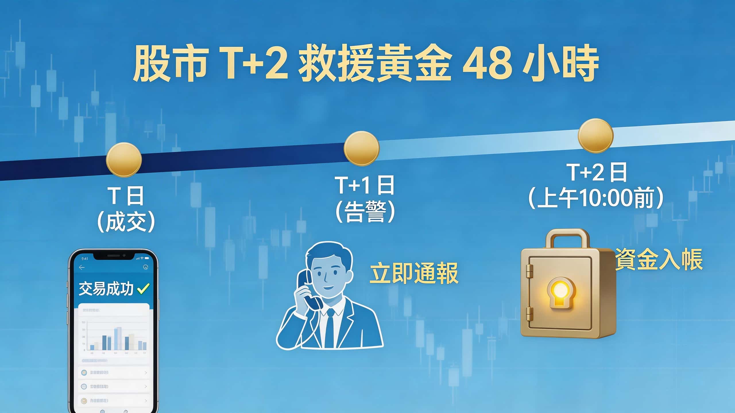 新手必看：股市違約交割 48 小時黃金救援時程流程圖（T日成交、T+1準備、T+2上午10:00截止）