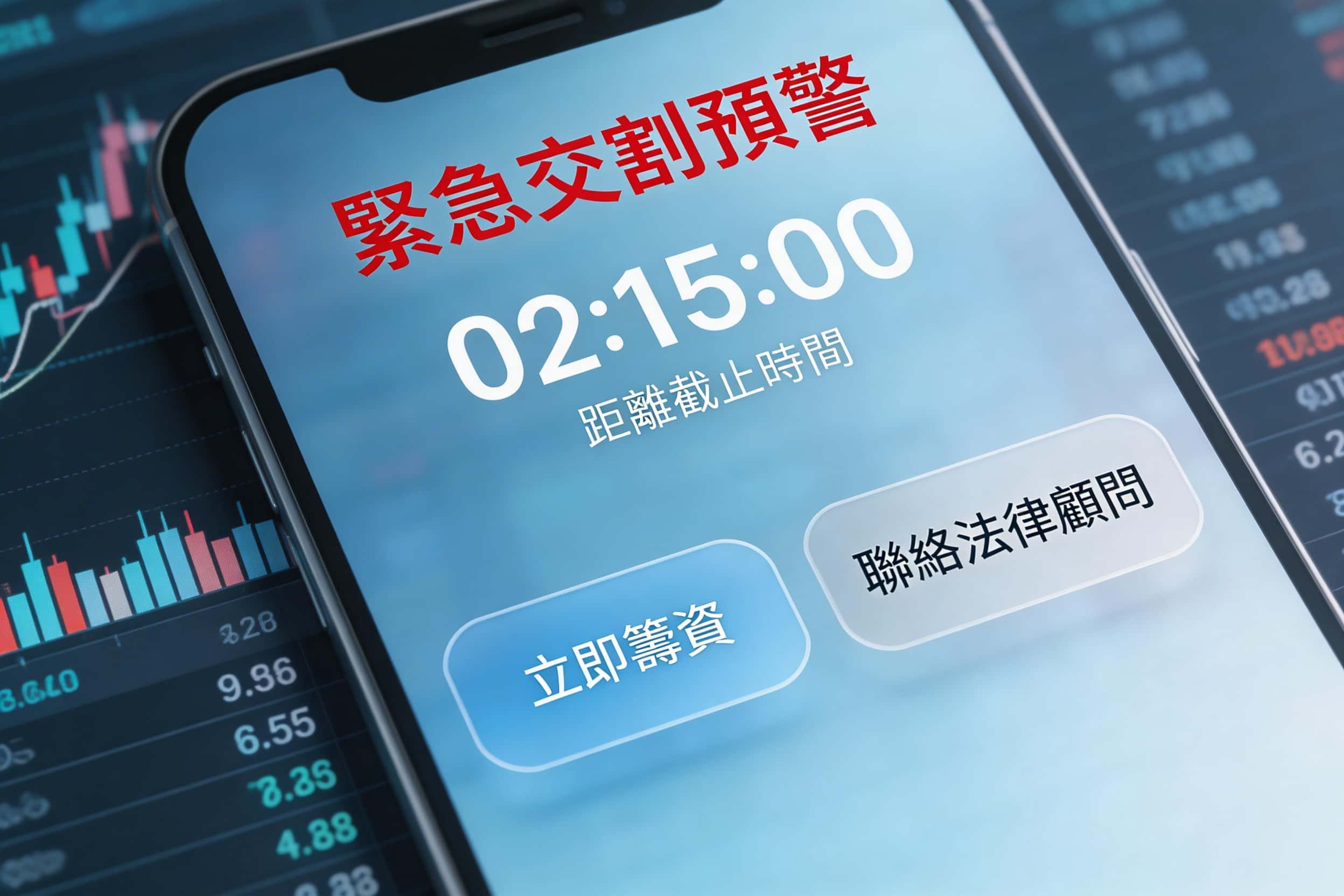 股市投資預警APP介面：展示T+2交割款不足的緊急警示與資金融通功能