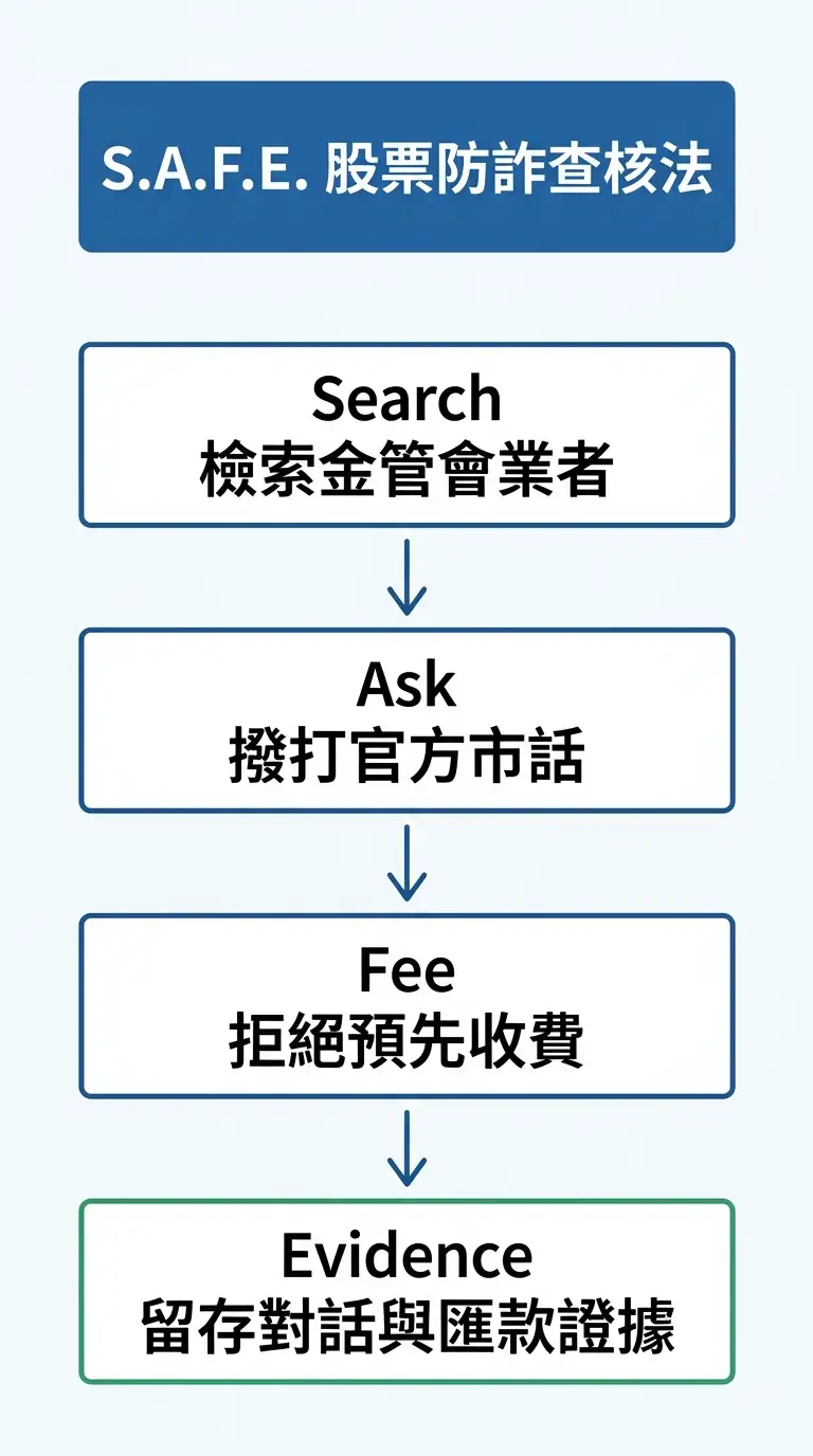 股票借款詐騙查核 S.A.F.E. 流程圖：金管會名單驗證與預收手續費辨識法則