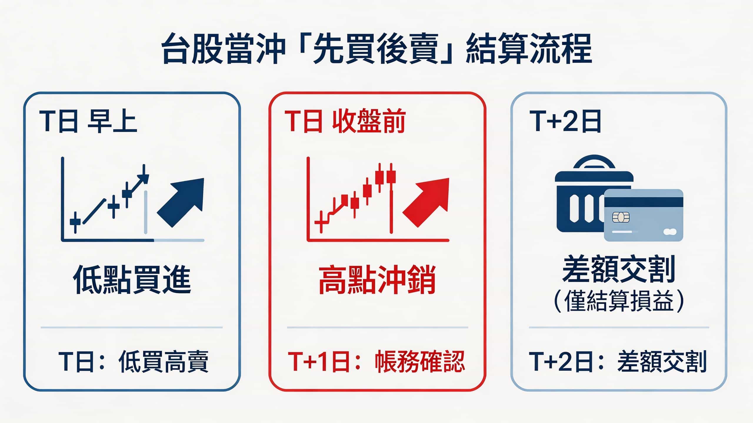 台股當沖「先買後賣」資金結算流程圖：詳解 T 日買賣到 T+2 日差額交割的資金流向
