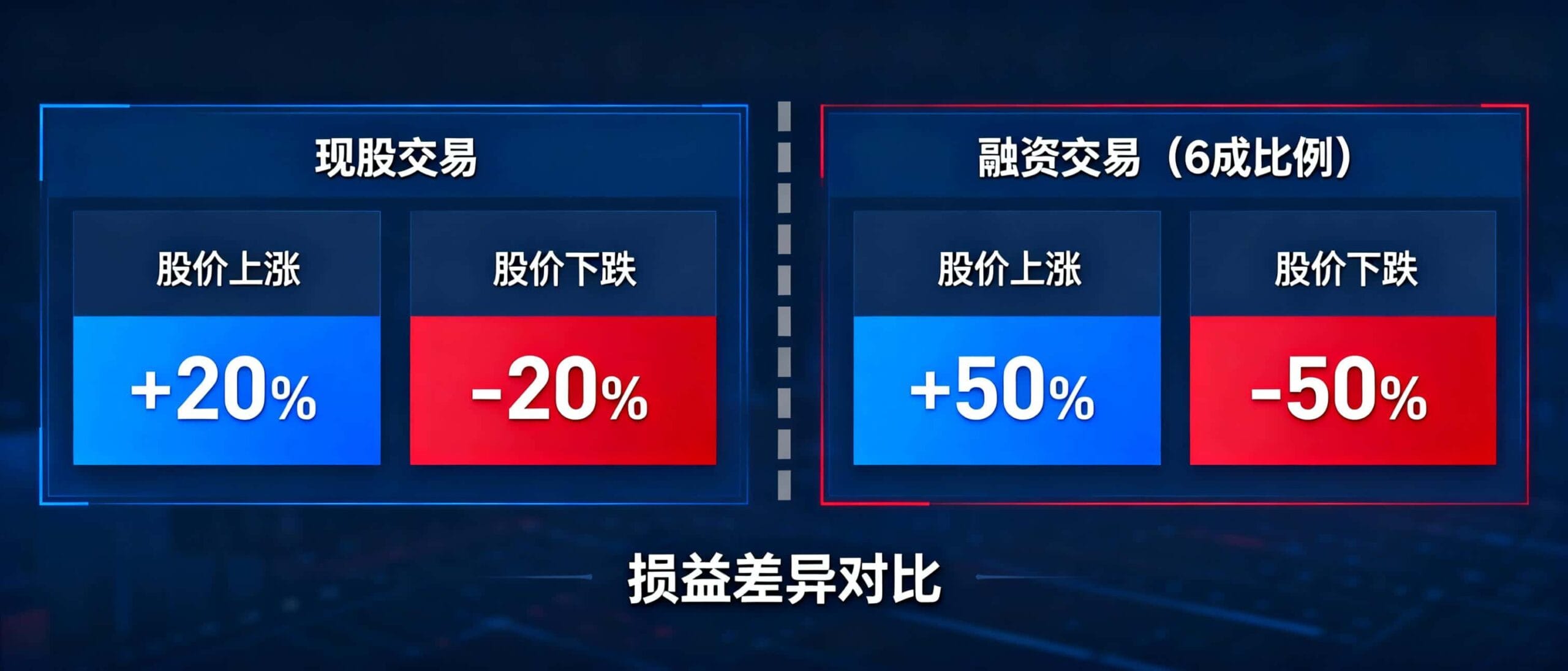 融資槓桿效果示意圖：股價上漲與下跌時融資vs現股損益放大比較