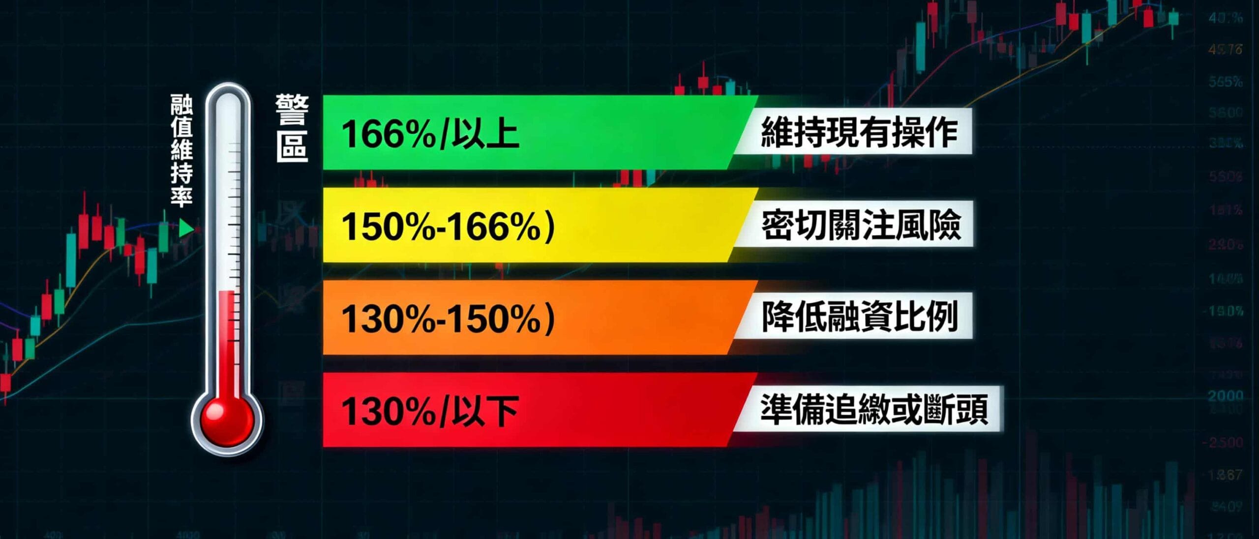 融資維持率警戒區間示意圖：166%正常、150%預警、130%追繳、100%以下斷頭風險