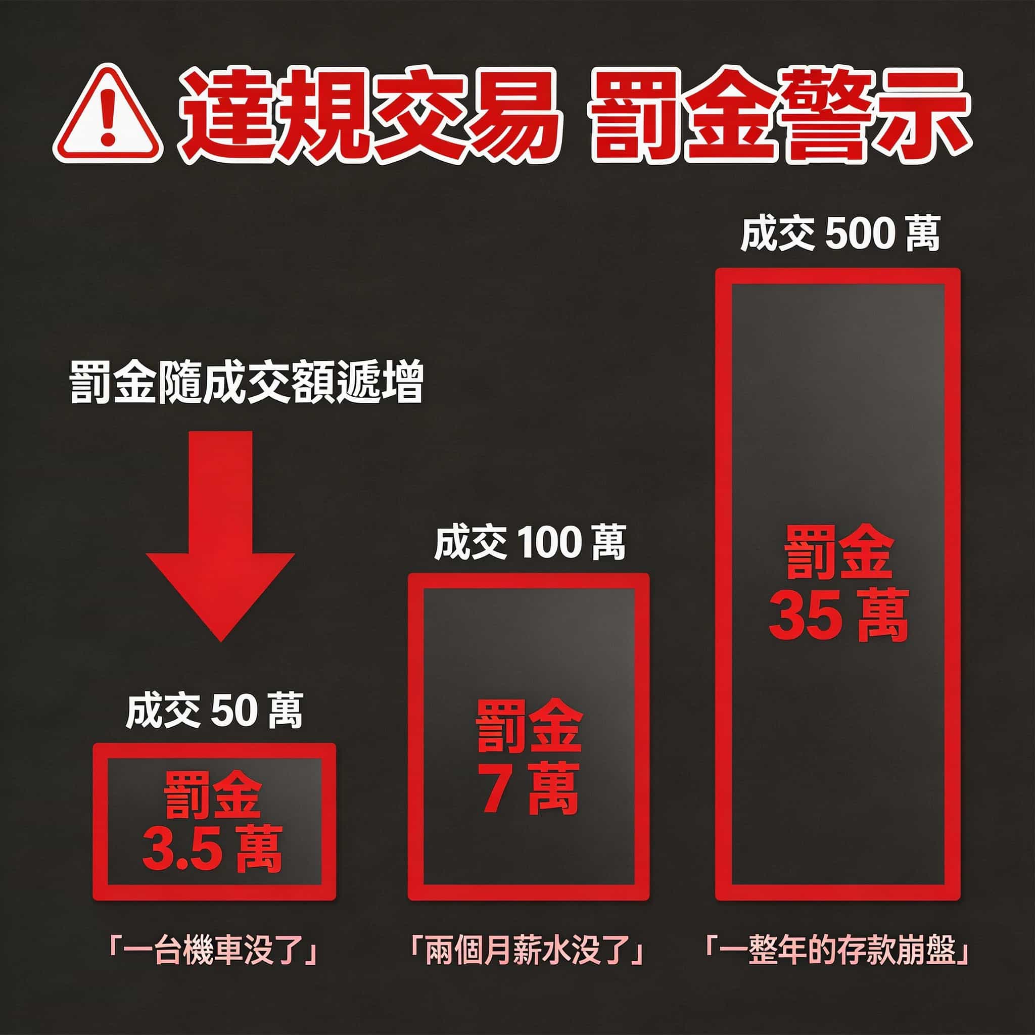 違約交割三大連鎖衝擊：7% 違約金風險階梯對照圖（50萬→3.5萬、100萬→7萬、500萬→35萬三階風險量化）