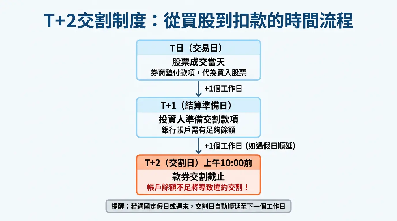 T+2交割時間軸流程圖：T日買入股票、T+1準備款項、T+2上午10點前完成交割