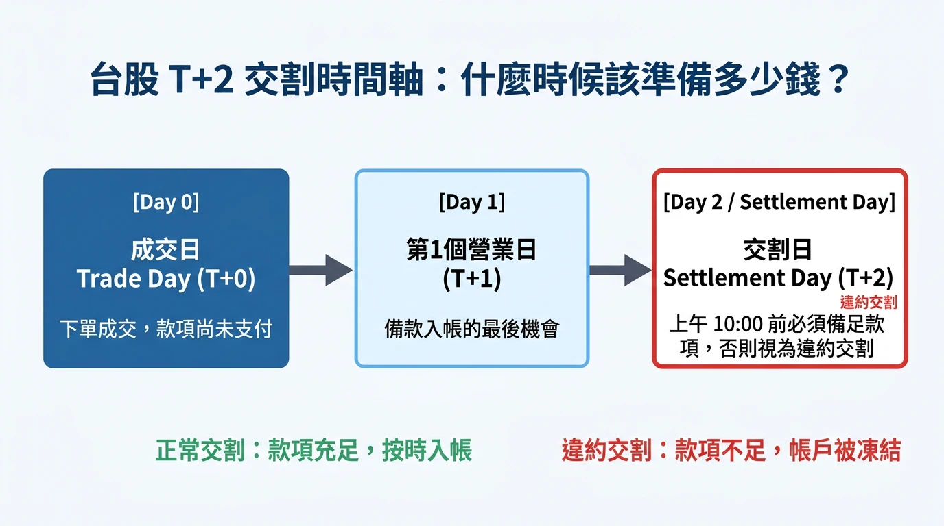台股T+2交割時間軸：成交日、交易日、交割日資金準備流程圖