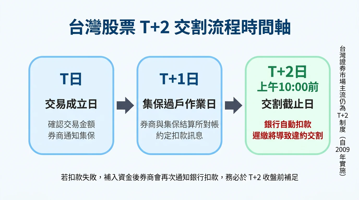 台灣股票 T+2 交割流程：T日交易、T+1集保過戶、T+2上午10點前扣款