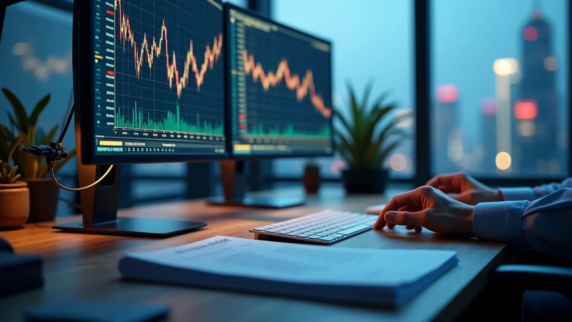 台北辦公室中競拍股票流程圖與金融文件