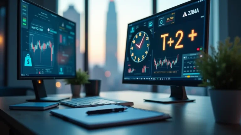 股市交易螢幕顯示T+2扣款時間與交割流程