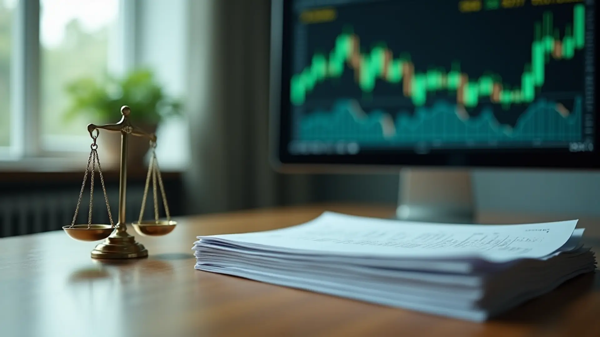 台灣專業金融辦公室桌上的質押文件與股票數據圖