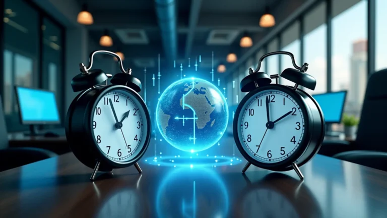 台灣辦公室內顯示T+1美股交割與T+2台股交割對比圖