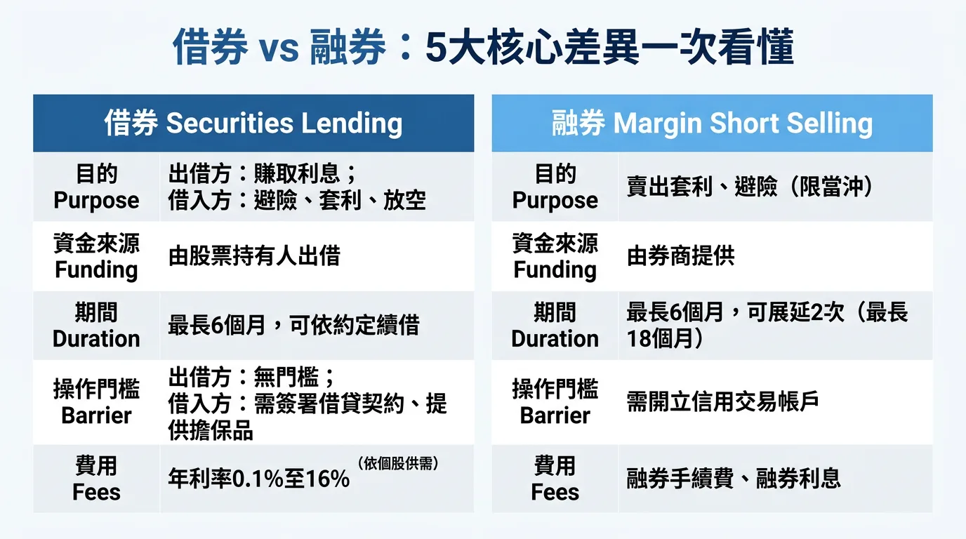 借券與融券核心差異比較：目的、資金來源、操作門檻、期限、費用五大面向比較