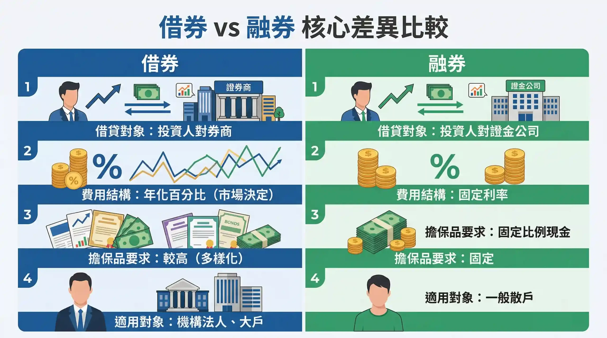 台灣借券與融券比較圖：借貸對象、費用、擔保品、適用對象四大維度對比