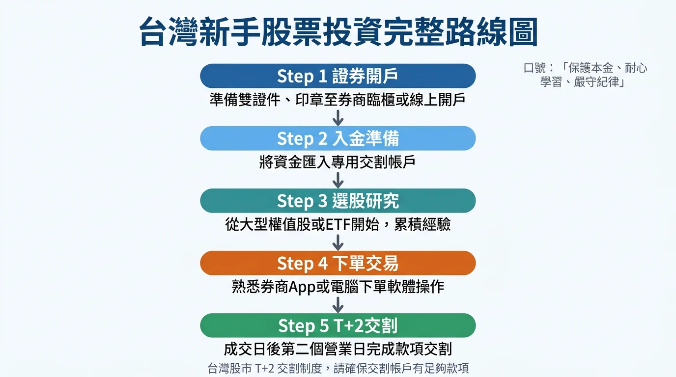 新手股票投資完整路線圖,涵蓋開戶、入金、選股、下單與T+2交割五大步驟