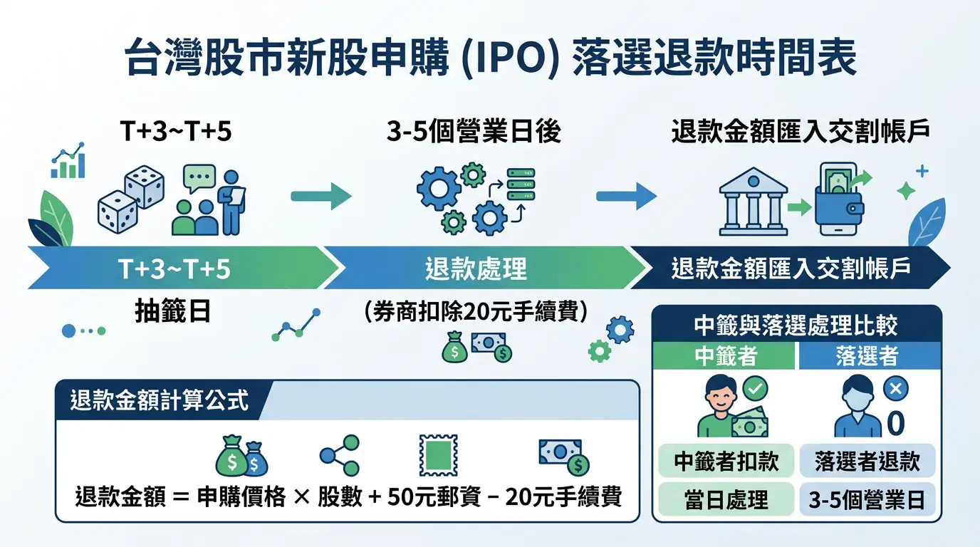 台灣新股未中籤退款時序圖：中籤者當日扣款與未中籤者3至5個營業日退款的時間對比