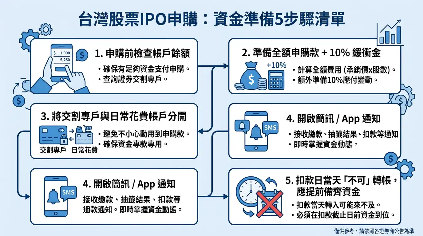 台灣新股申購資金準備流程圖：五步驟從帳戶餘額確認到扣款日當天禁止臨時轉帳