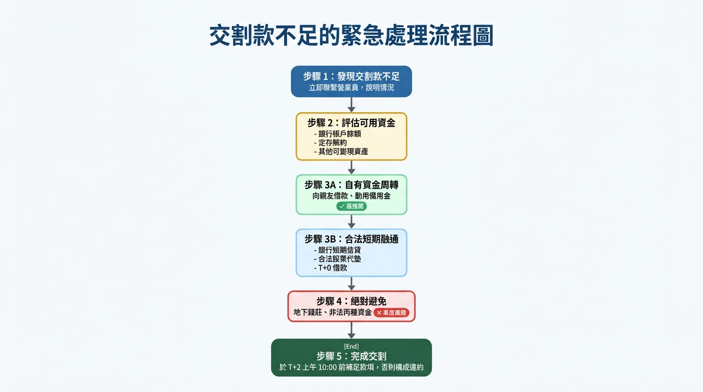 台股交割款不足緊急處理流程圖：從聯繫營業員到補救措施步驟