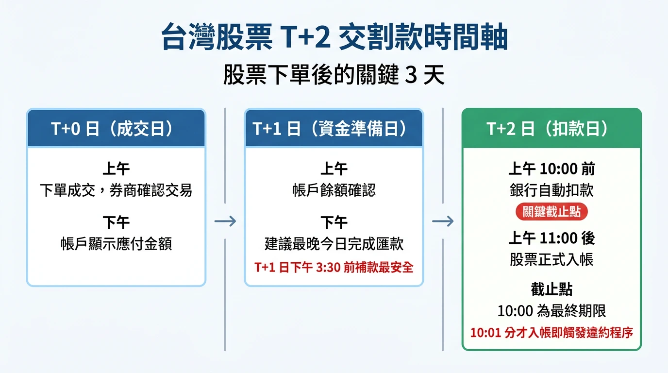 台灣股票 T+2 交割時間軸流程圖：成交日、資金準備日、扣款截止日