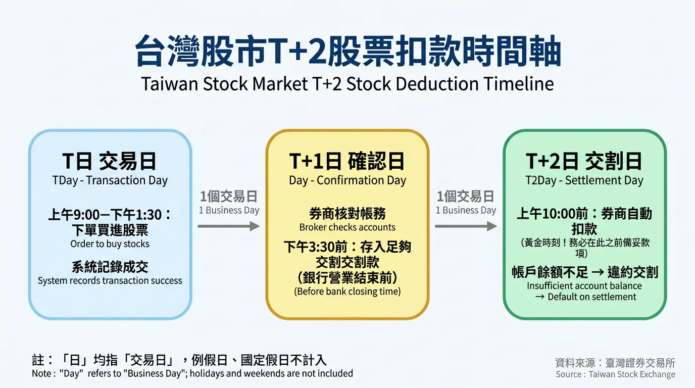 台灣股市T+2股票扣款時間軸：T日買進、T+1日確認準備、T+2日上午10點自動扣款