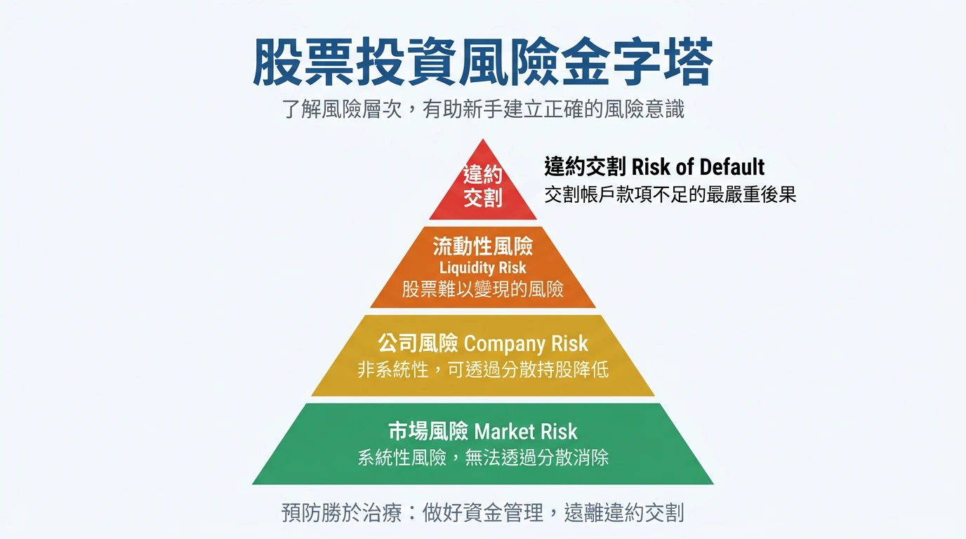 股票投資風險金字塔,從市場風險到違約交割的層次視覺化
