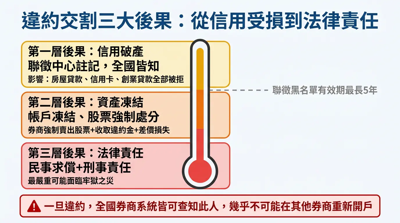 違約交割三大後果嚴重程度圖：信用破產、資產凍結、法律責任三層級後果