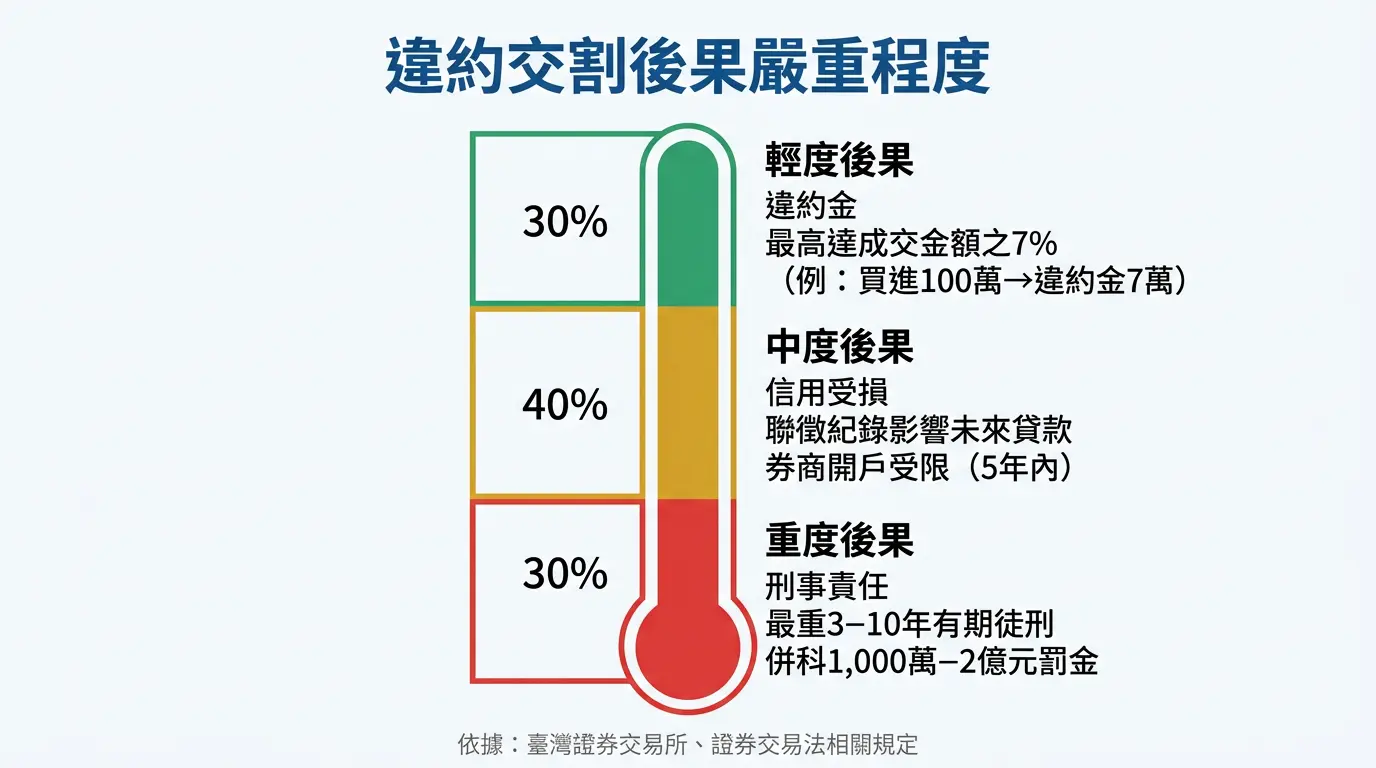 違約交割後果嚴重程度：輕則違約金（成交金額7%）、中則信用受損（聯徵）、重則刑事責任（3-10年）