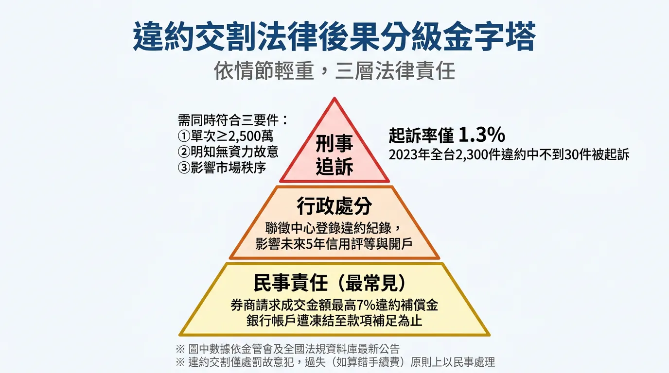 違約交割法律後果分級金字塔：民事、行政、刑事三層責任