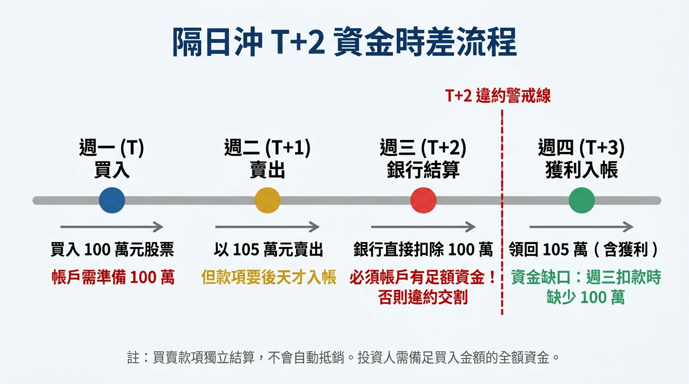 台灣股票T+2交割時間軸：週一買進到週四入帳的完整資金流程圖